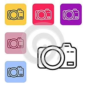 Black line Photo camera icon isolated on white background. Foto camera. Digital photography. Set icons in color square