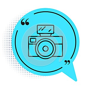 Black line Photo camera with lighting flash icon isolated on white background. Foto camera. Digital photography. Blue