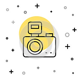 Black line Photo camera with lighting flash icon isolated on white background. Foto camera. Digital photography. Random