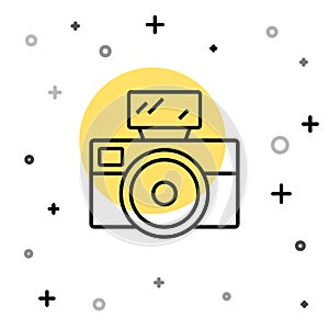 Black line Photo camera with lighting flash icon isolated on white background. Foto camera. Digital photography. Random