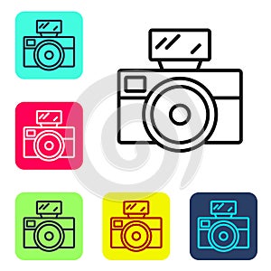 Black line Photo camera with lighting flash icon isolated on white background. Foto camera. Digital photography. Set