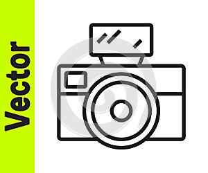 Black line Photo camera with lighting flash icon isolated on white background. Foto camera. Digital photography. Vector
