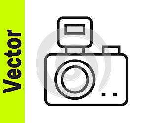 Black line Photo camera with lighting flash icon isolated on white background. Foto camera. Digital photography. Vector