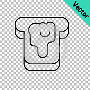 Black line Piece of bread with honey icon isolated on transparent background. Toast with jam or honey. Vector