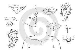 Black line Piercing isolated on white background. Vector