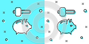 Black line Piggy bank and hammer icon isolated on green and white background. Icon saving or accumulation of money, investment.
