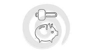Black line Piggy bank and hammer icon isolated on white background. Icon saving or accumulation of money, investment. 4K