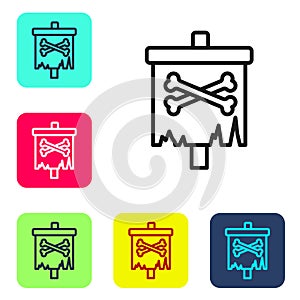 Black line Pirate flag icon isolated on white background. Set icons in color square buttons. Vector