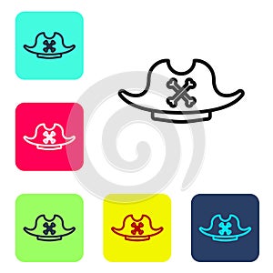 Black line Pirate hat icon isolated on white background. Set icons in color square buttons. Vector