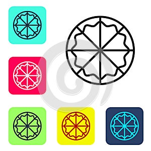 Black line Pizza icon isolated on white background. Fast food menu. Set icons in color square buttons. Vector