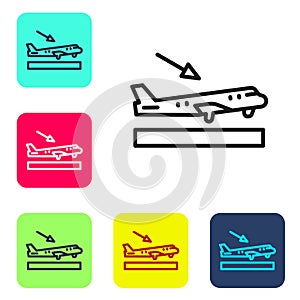 Black line Plane landing icon isolated on white background. Airplane transport symbol. Set icons in color square buttons