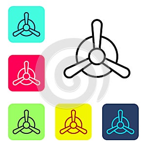 Black line Plane propeller icon isolated on white background. Vintage aircraft propeller. Set icons in color square