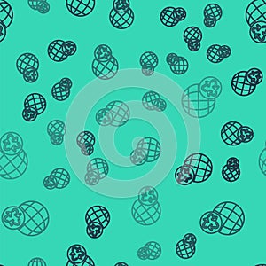 Black line Planet earth and a recycling icon isolated seamless pattern on green background. Environmental concept