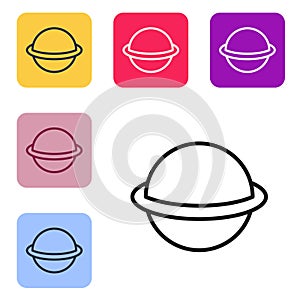 Black line Planet Saturn with planetary ring system icon isolated on white background. Set icons in color square buttons