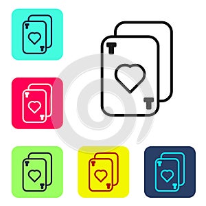 Black line Playing cards icon isolated on white background. Casino gambling. Set icons in color square buttons. Vector
