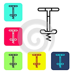 Black line Pogo stick jumping toy icon isolated on white background. Set icons in color square buttons. Vector