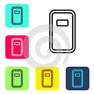 Black line Police assault shield icon isolated on white background. Set icons in color square buttons. Vector