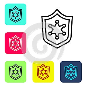 Black line Police badge icon isolated on white background. Sheriff badge sign. Set icons in color square buttons. Vector