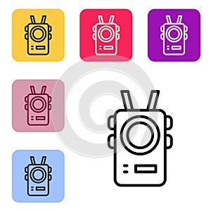 Black line Police body camera icon isolated on white background. Set icons in color square buttons. Vector