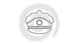 Black line Police cap with cockade icon isolated on white background. Police hat sign. 4K Video motion graphic animation