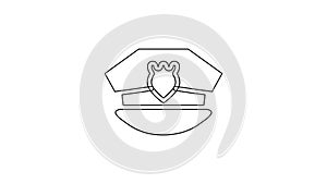 Black line Police cap with cockade icon isolated on white background. Police hat sign. 4K Video motion graphic animation