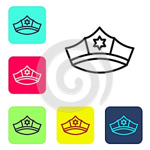 Black line Police cap with cockade icon isolated on white background. Police hat sign. Set icons in color square buttons