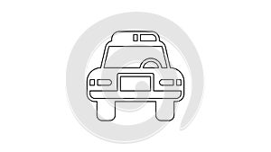 Black line Police car and police flasher icon isolated on white background. Emergency flashing siren. 4K Video motion