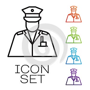 Black line Police officer icon isolated on white background. Set icons colorful. Vector