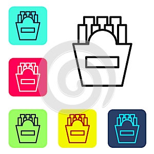 Black line Potatoes french fries in carton package box icon isolated on white background. Fast food menu. Set icons in