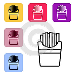 Black line Potatoes french fries in carton package box icon isolated on white background. Fast food menu. Set icons in