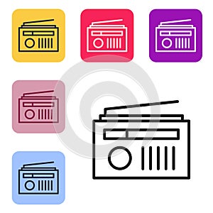 Black line Radio with antenna icon isolated on white background. Set icons in color square buttons