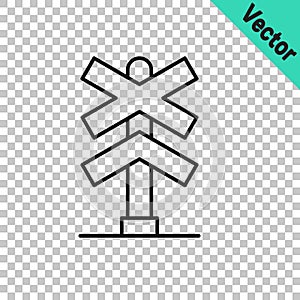 Black line Railroad crossing icon isolated on transparent background. Railway sign. Vector