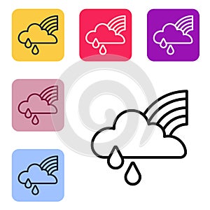Black line Rainbow with cloud and rain icon isolated on white background. Set icons in color square buttons. Vector