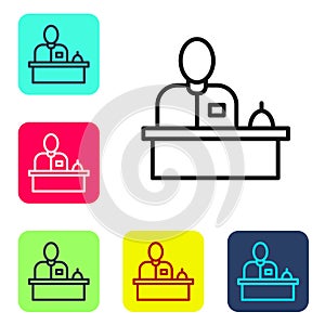 Black line Receptionist standing at hotel reception desk icon isolated on white background. Set icons in color square