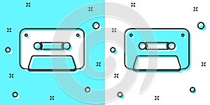 Black line Retro audio cassette tape icon isolated on green and white background. Random dynamic shapes. Vector