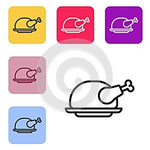 Black line Roasted turkey or chicken icon isolated on white background. Set icons in color square buttons. Vector
