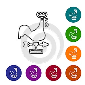 Black line Rooster weather vane icon isolated on white background. Weathercock sign. Windvane rooster. Set icons in