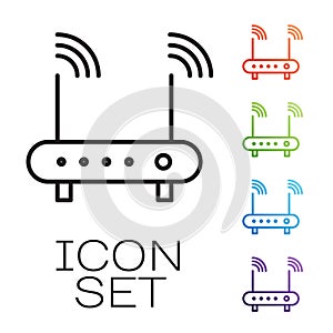 Black line Router and wi-fi signal symbol icon isolated on white background. Wireless ethernet modem router. Computer