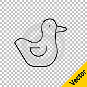 Black line Rubber duck icon isolated on transparent background. Vector