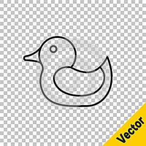 Black line Rubber duck icon isolated on transparent background. Vector