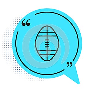 Black line Rugby ball icon isolated on white background. Blue speech bubble symbol. Vector Illustration