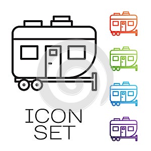 Black line Rv Camping trailer icon isolated on white background. Travel mobile home, caravan, home camper for travel
