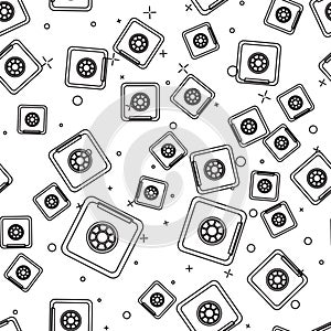 Black line Safe icon isolated seamless pattern on white background. The door safe a bank vault with a combination lock