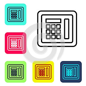 Black line Safe icon isolated on white background. The door safe a bank vault with a combination lock. Reliable Data