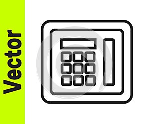 Black line Safe icon isolated on white background. The door safe a bank vault with a combination lock. Reliable Data