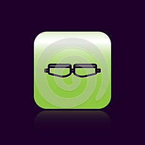 Black line Safety goggle glasses icon isolated on black background. Green square button. Vector