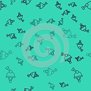 Black line Satellite dish icon isolated seamless pattern on green background. Radio antenna, astronomy and space