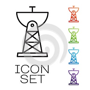 Black line Satellite dish icon isolated on white background. Radio antenna, astronomy and space research. Set icons
