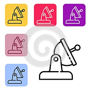 Black line Satellite dish icon isolated on white background. Radio antenna, astronomy and space research. Set icons in