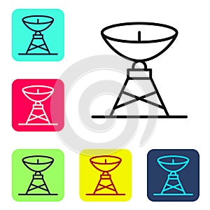 Black line Satellite dish icon isolated on white background. Radio antenna, astronomy and space research. Set icons in
